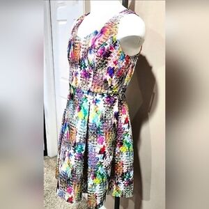 NY&Company Honeycomb Pleated Fit And Flare Watercolor Abstract Dress Size 12